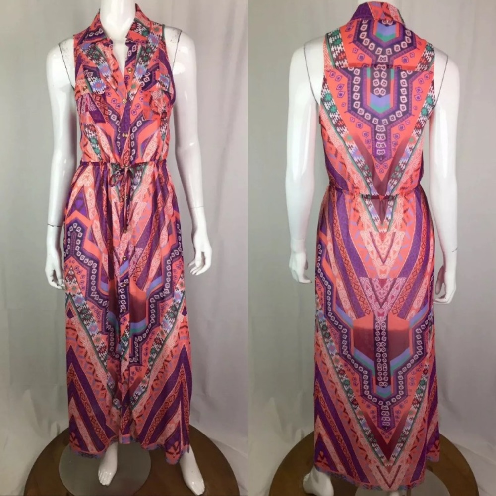 2b Bebe Aztec Drawstring Button Flare Shirt Dress